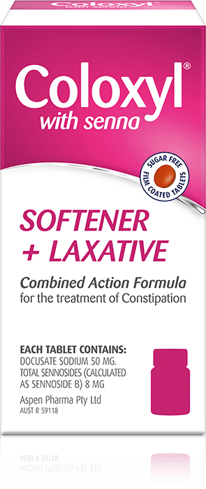 Coloxyl with Senna (softener plus laxative) - front view of the box