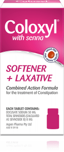 Coloxyl with Senna (softener plus laxative) - front view of the box